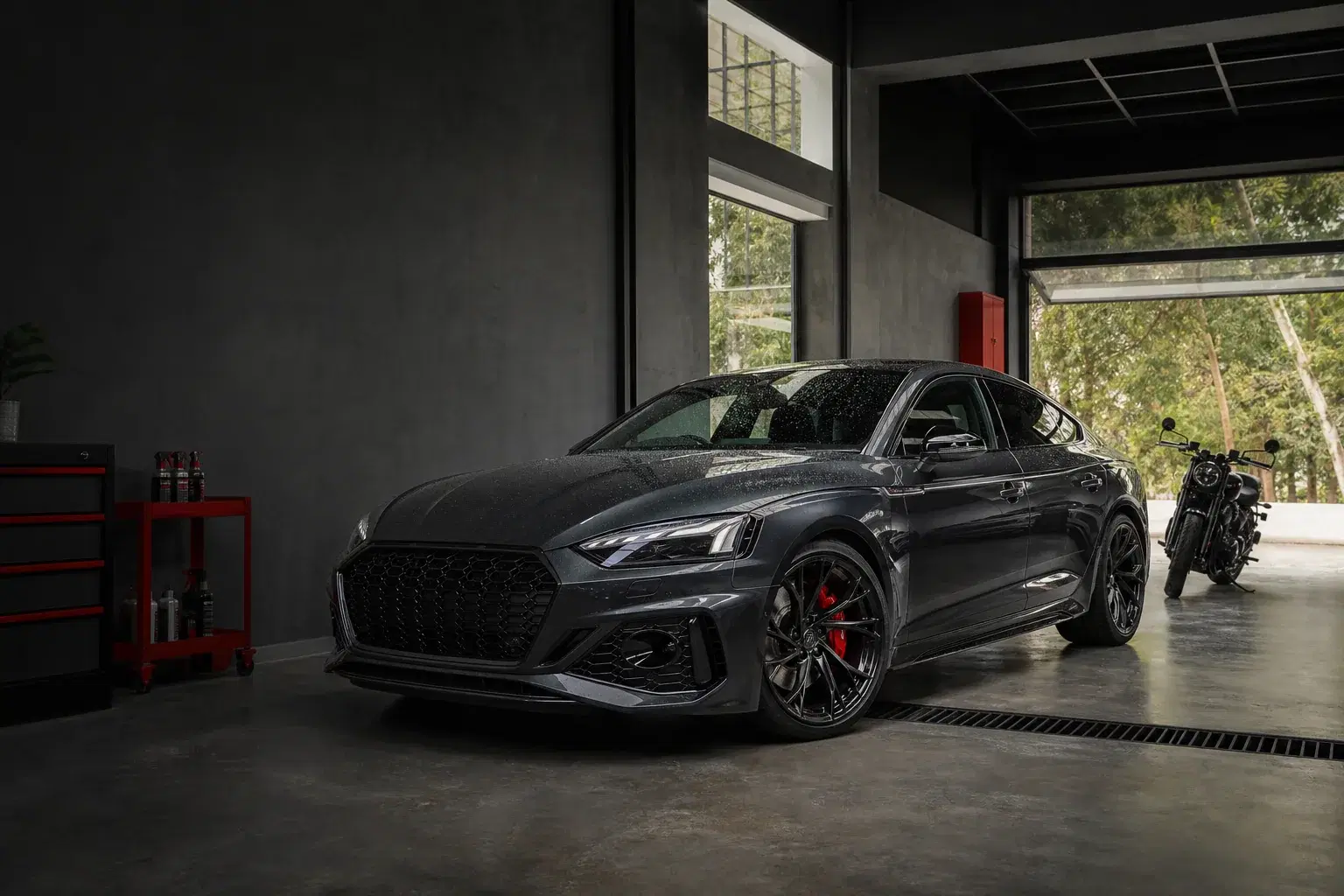 Freshly detailed graphite car with a motorcycle in a modern vehicle care studio